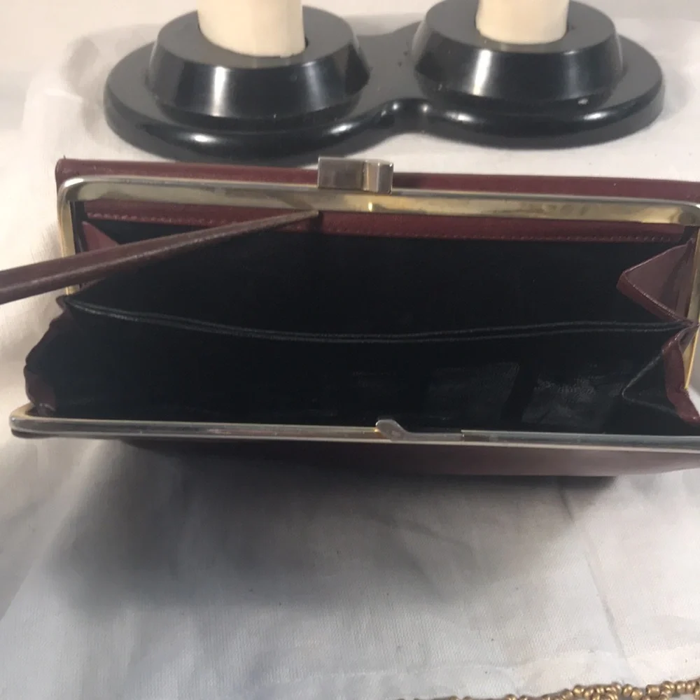 Christian Dior Vintage Burgundy Leather Trifold Kiss Lock Clutch Wallet